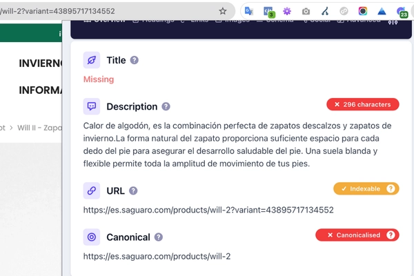 ejemplo de uso de canonical para una variante de color de un producto