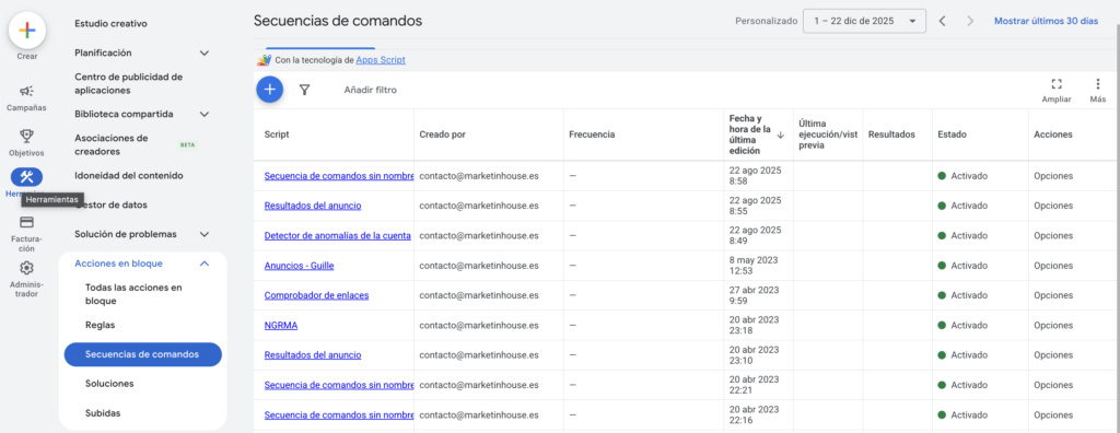 Google Ads acciones en bloque