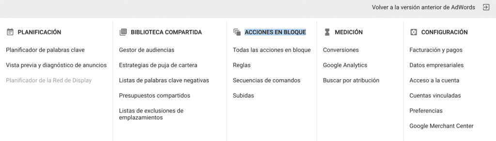 menu adwords acciones en bloque pujas automaticas