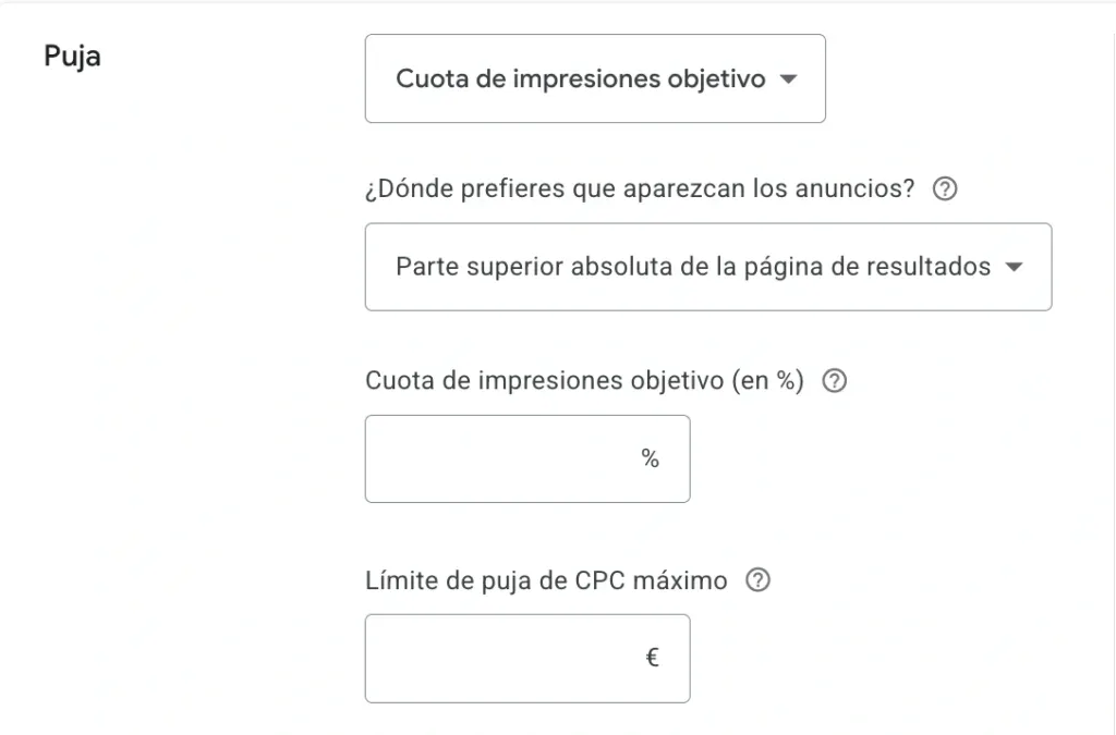 ejemplo de configuración de cuota de impresiones objetivo para una campaña de marca