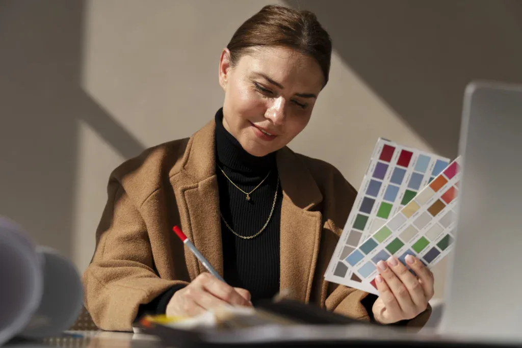 mujer seleccionando paleta de colores para diseñar una creatividad