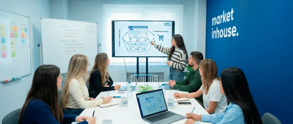 Equipo de marketing planificando las zonas de enlazado interno para aumentar el impacto de la conversión