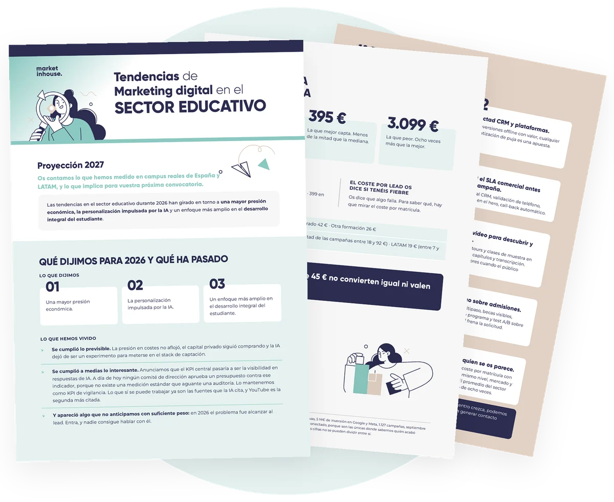 Portada y páginas interiores del informe Tendencias de marketing digital en el sector educativo 2027